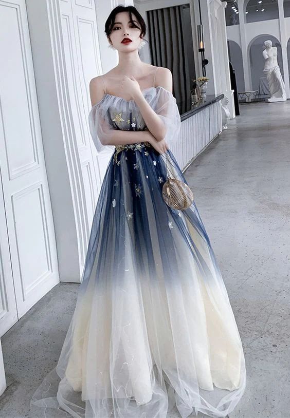 Blue Aline tulle long prom dress blue tulle formal dress     fg4007