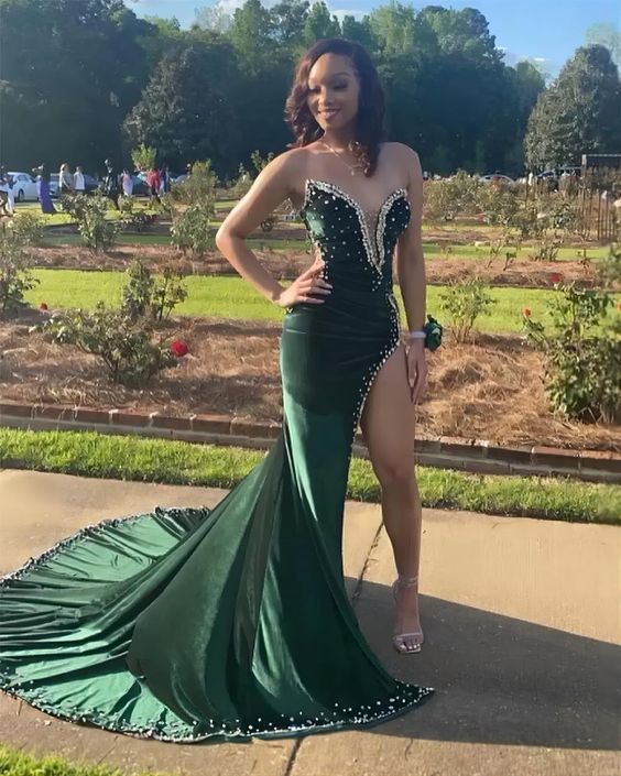 Green Velvet Prom Dresses African Mermaid Evening Dress With Slit      fg4128