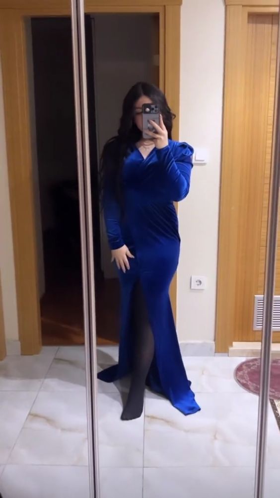 Blue V neck Long Prom Dress Formal Evening Gowns      fg4020