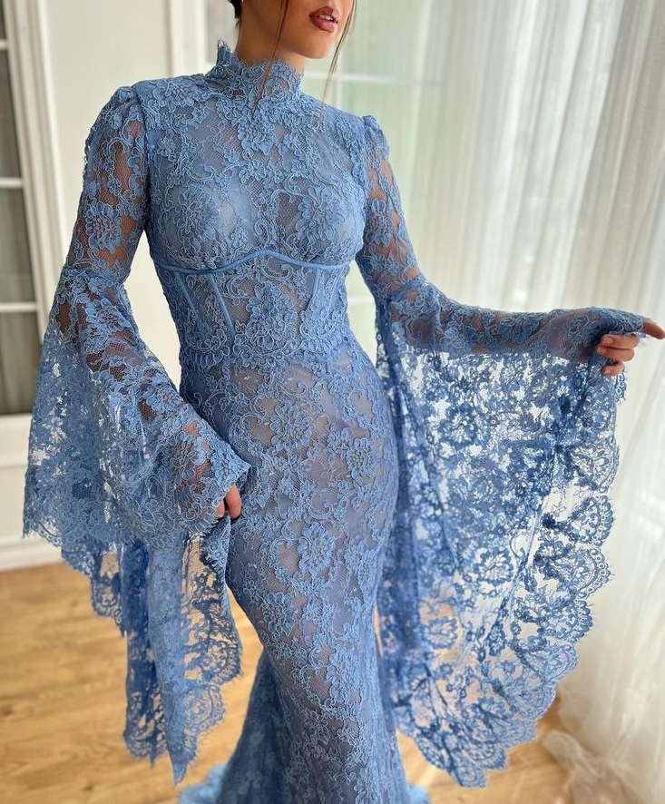 High Neck Mermaid Evening Dress for Women Flare Sleeves Blue Lace Long Prom Dresses   fg7571