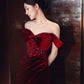 Burgundy Velvet Mermaid Long Prom Dress Off Shoulder Evening Dresses With Slit    fg7669