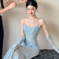 Blue Lace Mermaid Long Prom Dress Sexy Evening Dresses   fg7665