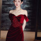 Burgundy Velvet Mermaid Long Prom Dress Off Shoulder Evening Dresses With Slit    fg7669
