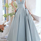 blue v neck satin beads long prom dress, blue evening dress     fg2249