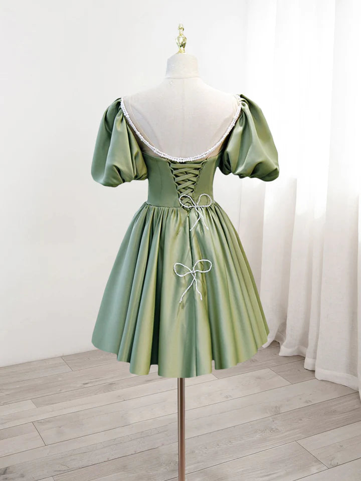 A-Line Green Puffy Sleeve Satin Short Prom Dress, Green Short Formal Dress     fg3728