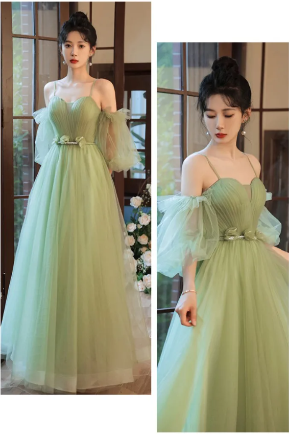 green tulle a line long prom dress, green tulle formal dress   fg2704
