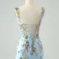 Blue Floral of the Shoulder Corset Short Homecoming Dress with Embroidery      fg5496