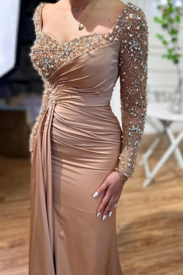 Beautiful Long Mermaid Beading Prom Dresses With Long Sleeves     fg4098