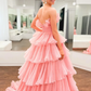 A-line Off-the-Shoulder Pink Ruffle Layers Tulle Long Prom Dress     fg3628