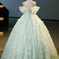 Green Tulle A-Line Lace Long Prom Dress, Green Lace Long Sweet 16 Dress       fg5229