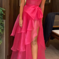 Sweet Pink Bow Organza Dress, Tiered Evening Dresses     fg4816