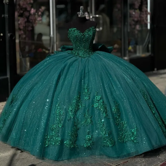 Green Appliques Lace Tull Ball Gown Quinceanera Dress Off The Shoulder Glitter Crystal Corset Dress      fg5550