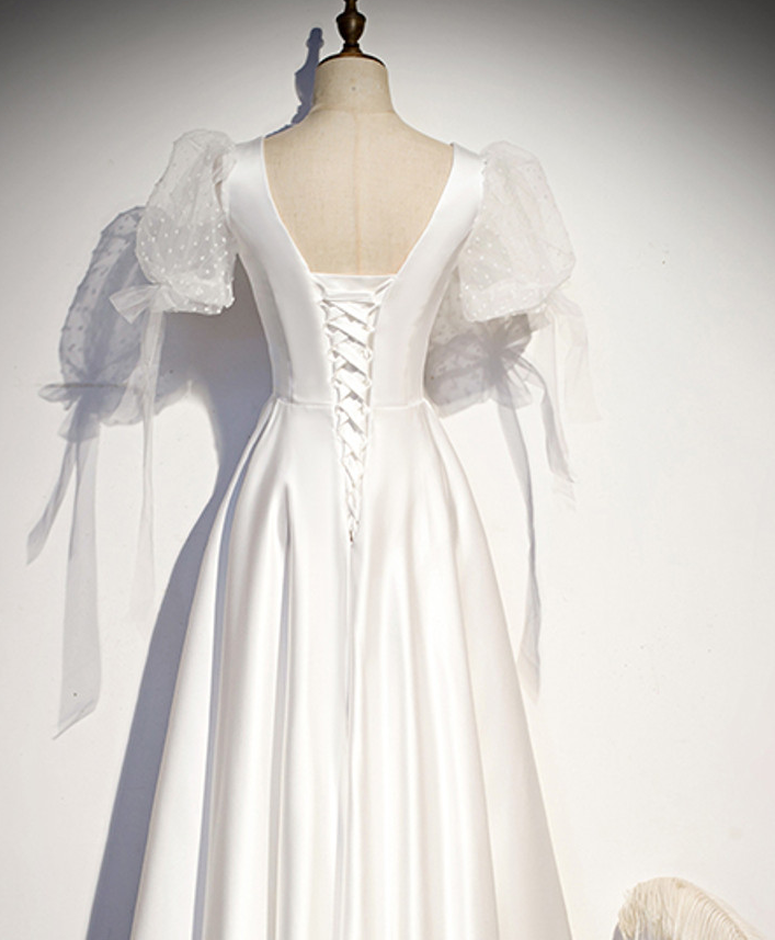 White Satin Square Short Sleeve Button Prom Dress    fg3841