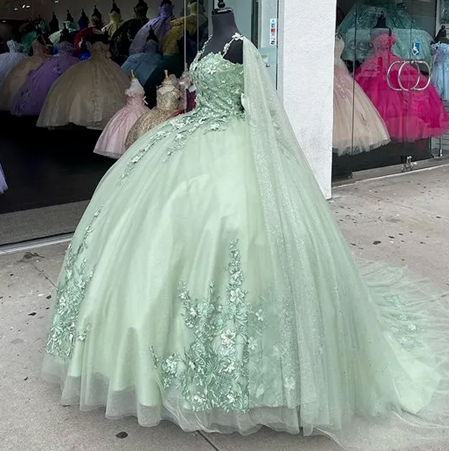 Sage Green Shiny Sweetheart Quinceanera Dresses With Cape Sweet 16 Dresses Ball Gown Applique Tulle Birthday Gowns    fg4540