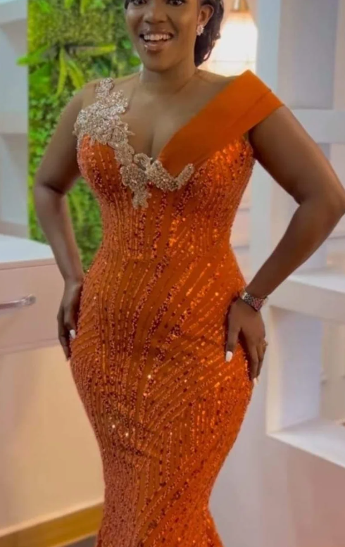 Sequined African Dress,Custom Mermaid Long Orange Evening Dress     fg5703