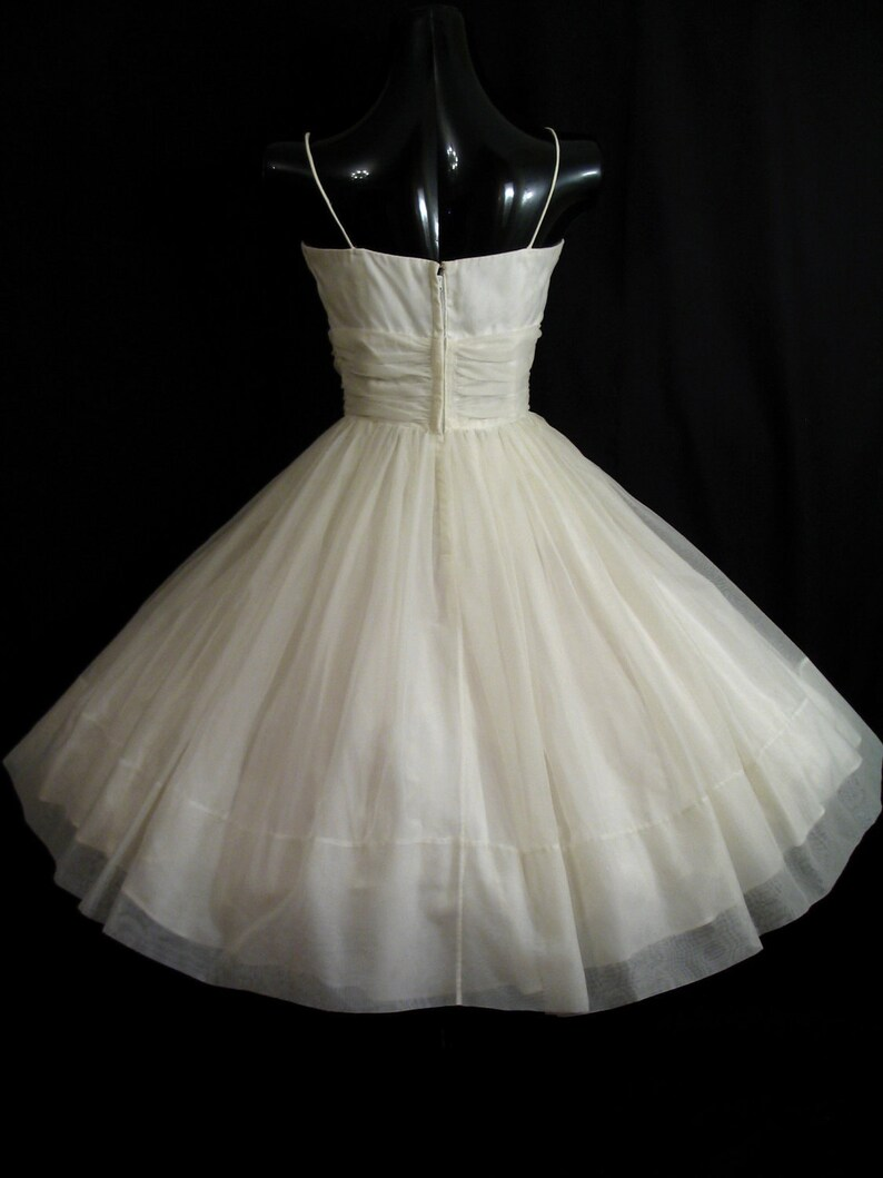 Vintage 1950's 50s White Ruched Chiffon Organza Party Prom Wedding Bridal Dress Gown     fg5822