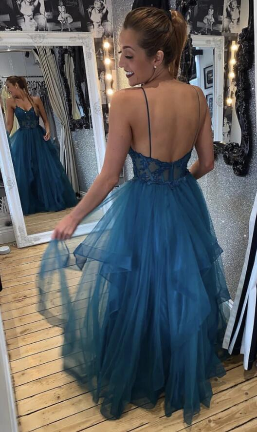 Blue tulle lace long prom dress evening dress      fg1687