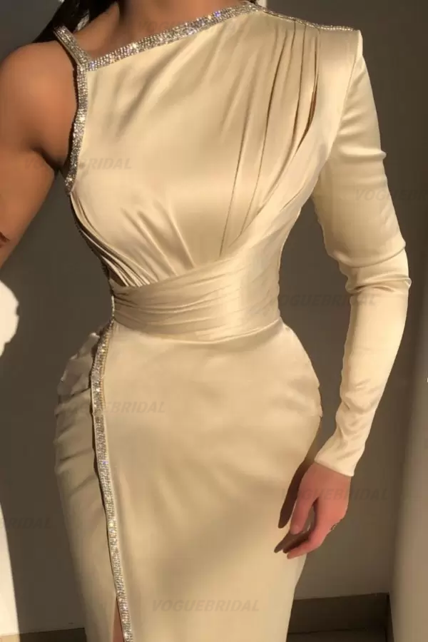 Elegant Ivory One-shoulder Long-Sleeve Sheath Prom Dresses with Sequins    fg677