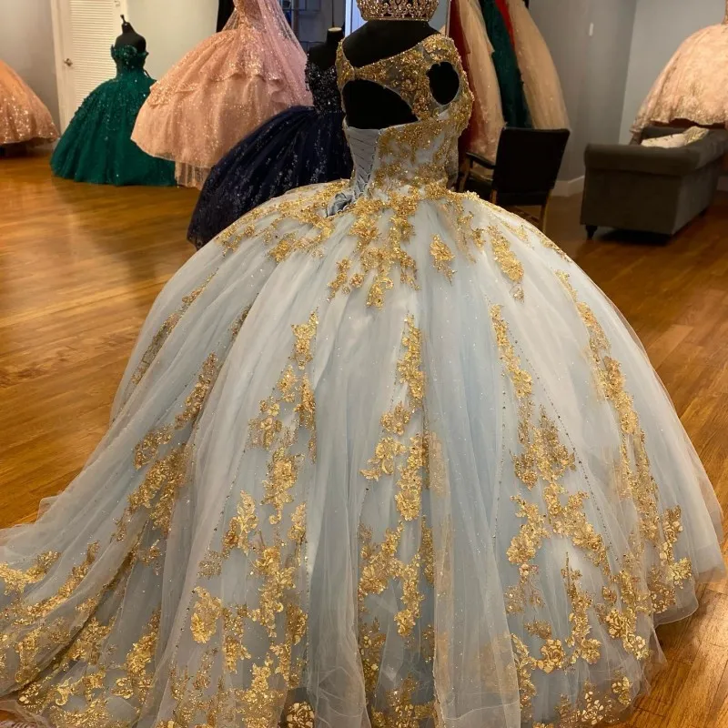 Sky Blue Sexy V-Neck Ball Gown Luxury Beaded Gold Applique Quinceanera Dresses Sleeveless Tull Princess Sweet 16 15 Vestidos De        fg5575