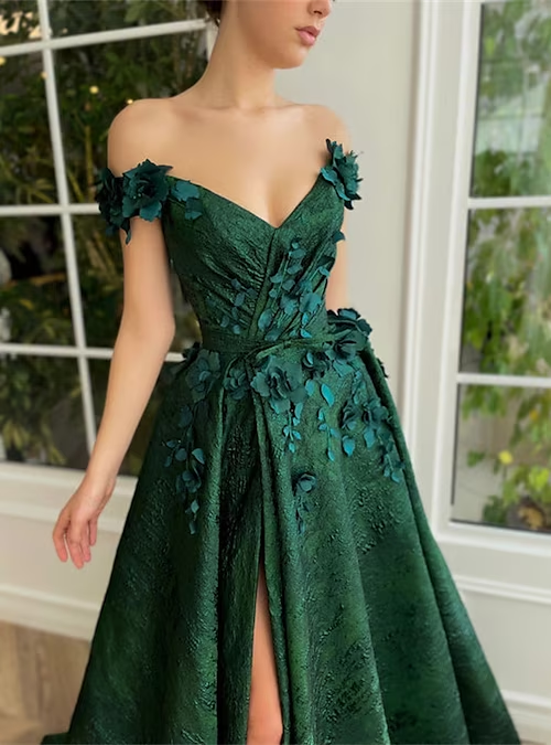 A-Line Prom Dresses Floral Dress Wedding Guest Wedding Party Court Train Sleeveless Off Shoulder Evening Dress      fg3945