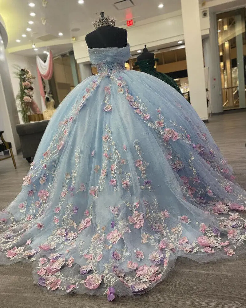 Light Blue Puffy Ball Gown Quinceanera Dresses Off Shoulder Flower Corset Sweet 16 Dress     fg5683