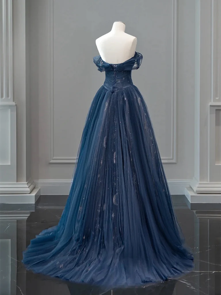 A-Line Off Shoulder Tulle Lace Dark Blue Long Prom Dress, Dark Blue Long Evening Dress      fg5177