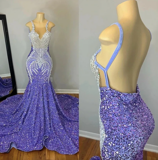 Sexy Lavender Mermaid Prom Dresses For Black Girls Crystal Rhinestone Sequins Open Back Formal Birthday Party Gowns      fg3639