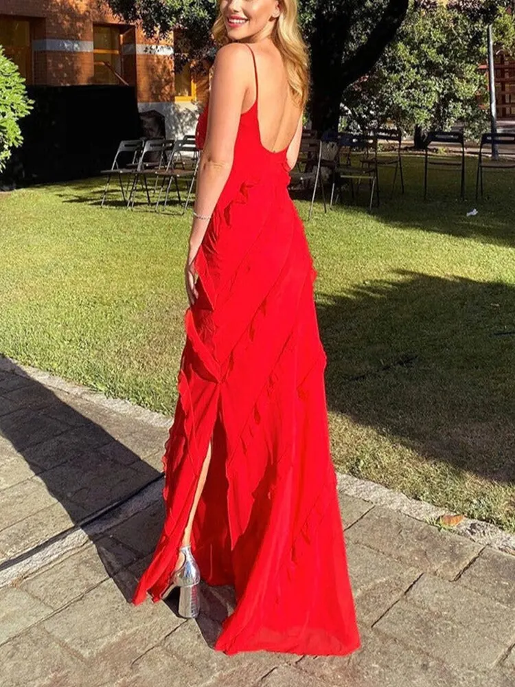 Red Ruffles Long Formal Dress Elegant Evening Dress    fg1806