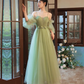 green tulle a line long prom dress, green tulle formal dress   fg2704