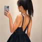 V Neck Black Backless Satin Short Prom Dresses, Open Back V Neck Short Black Formal Evening Homecoming Graduation Dresses      fg6031