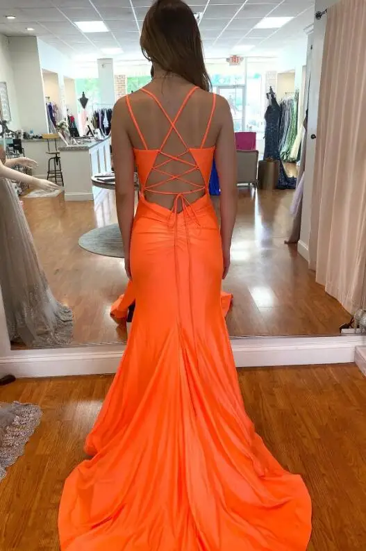 Orange Mermaid Prom Dress with Double Spaghetti Straps and Side Slit      fg4724