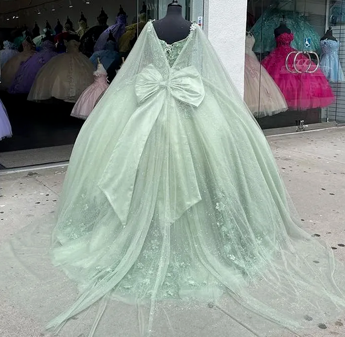 Sage Green Shiny Sweetheart Quinceanera Dresses With Cape Sweet 16 Dresses Ball Gown Applique Tulle Birthday Gowns    fg4540