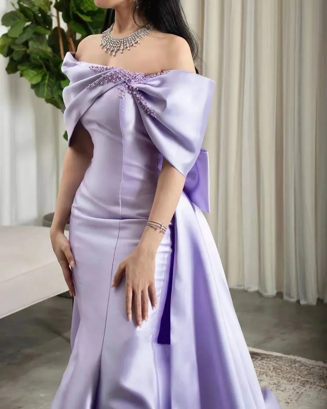 Lilac Pearls Evening Birthday Dress 2024 Off-The-Shoulder Mermaid Sweep Train Bow Satin Formal Prom Gowns       fg4285