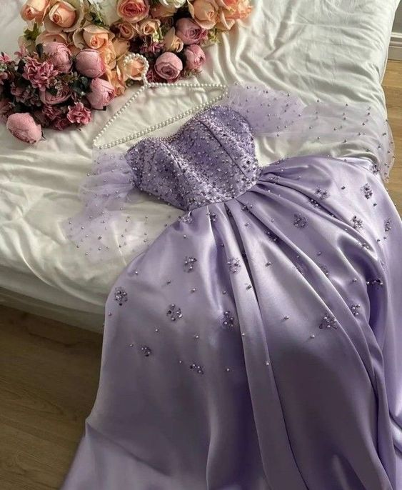 Vintage A line Sweetheart Pearls Long Sleeves Lilac Prom Dress Evening Dresses       fg6825