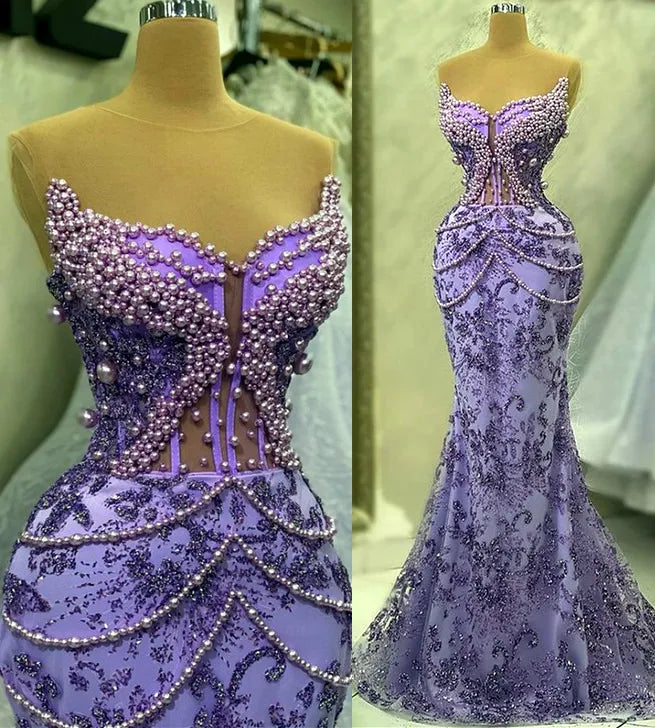 Purple Mermaid Evening Dress Beaded Formal Prom Gown     fg7065