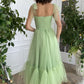 Simple Green Tulle Tea Length Prom Dress, Green Evening Dress   fg2656