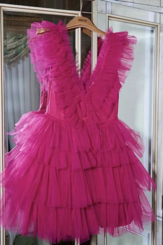 Hot Pink Short Homecoming Dress, Tiered Tulle Mini Prom Party Dress      fg1841