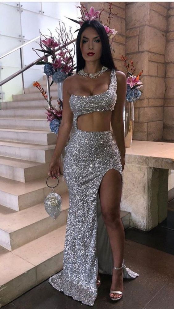 silver prom dress, sequin prom dresses, evening gown    fg2057
