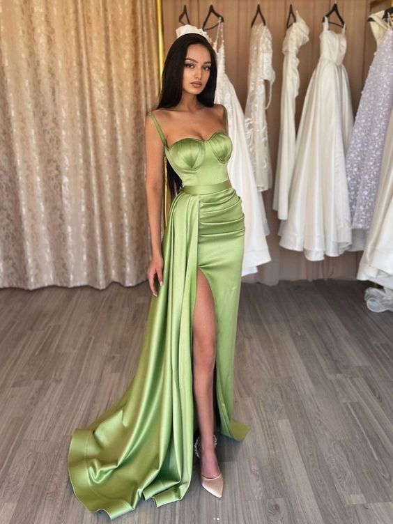 simple green satin mermaid long prom dress green formal evening dress     fg2115