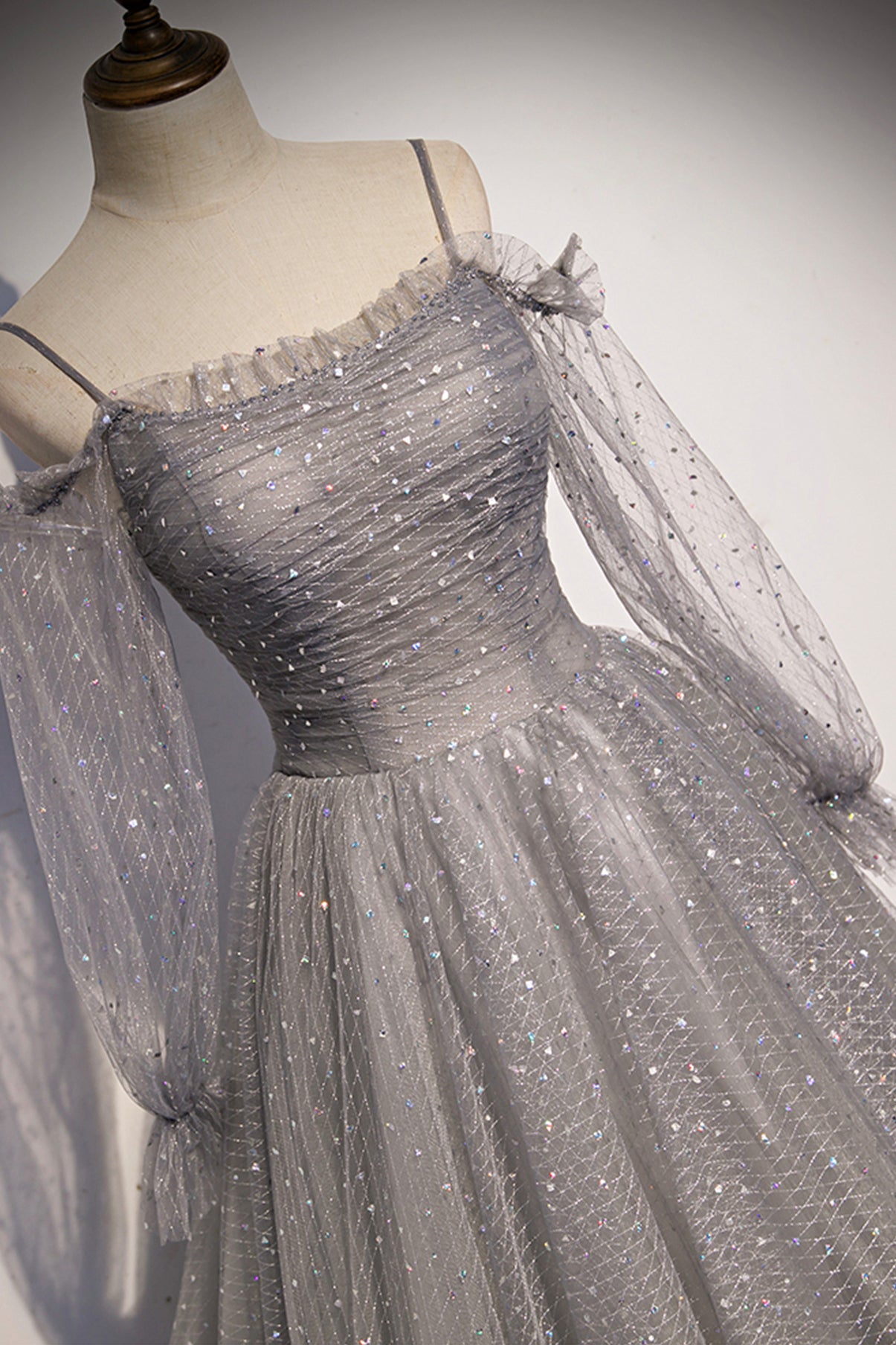 GRAY TULLE SEQUINS LONG A LINE PROM DRESS EVENING DRESS    fg2251