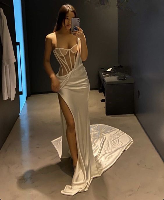 White One Shoulder Long Prom Dress With High Split Sexy Evening Dress    fg1805