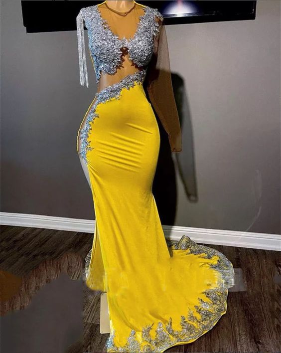 Sexy Yellow Prom Dresses Luxury for Black Girl Mermaid Illusion Bead Long Sleeve Tassel Evening Gowns    fg2042