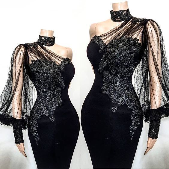 One shoulder black long prom dress, lace prom dress    fg1744