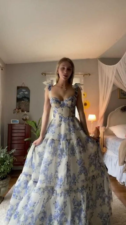Beautiful Floral Print Chiffon Long Prom Dresses Evening Dress      fg1915