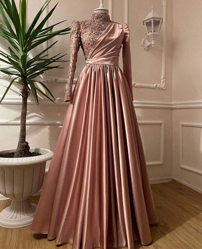 Rose Gold Prom Dress Long Sleeves Dubai Evening Dresses Muslim Women Wedding Party Gowns    fg1492