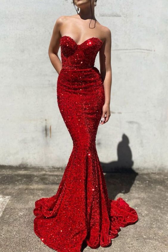 Sweetheart Mermaid Sequined Long Red Prom Dress    fg2074
