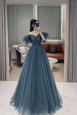 Blue tulle long prom dress A line evening dress     fg2292