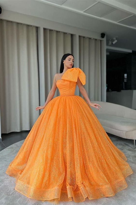 classy one shoulder ball gown orange prom dress sequins with bowknot     fg1441