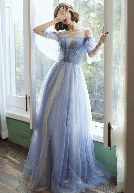 Blue tulle long prom dress blue evening dress     fg1209