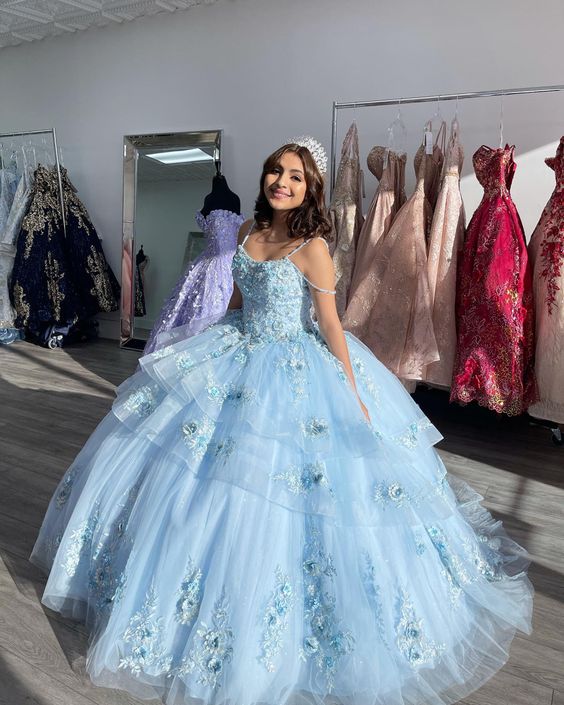 puffy prom dress, blue prom dress, tulle prom dresses, beaded prom dress, ball gown quinceanera dress   fg2061